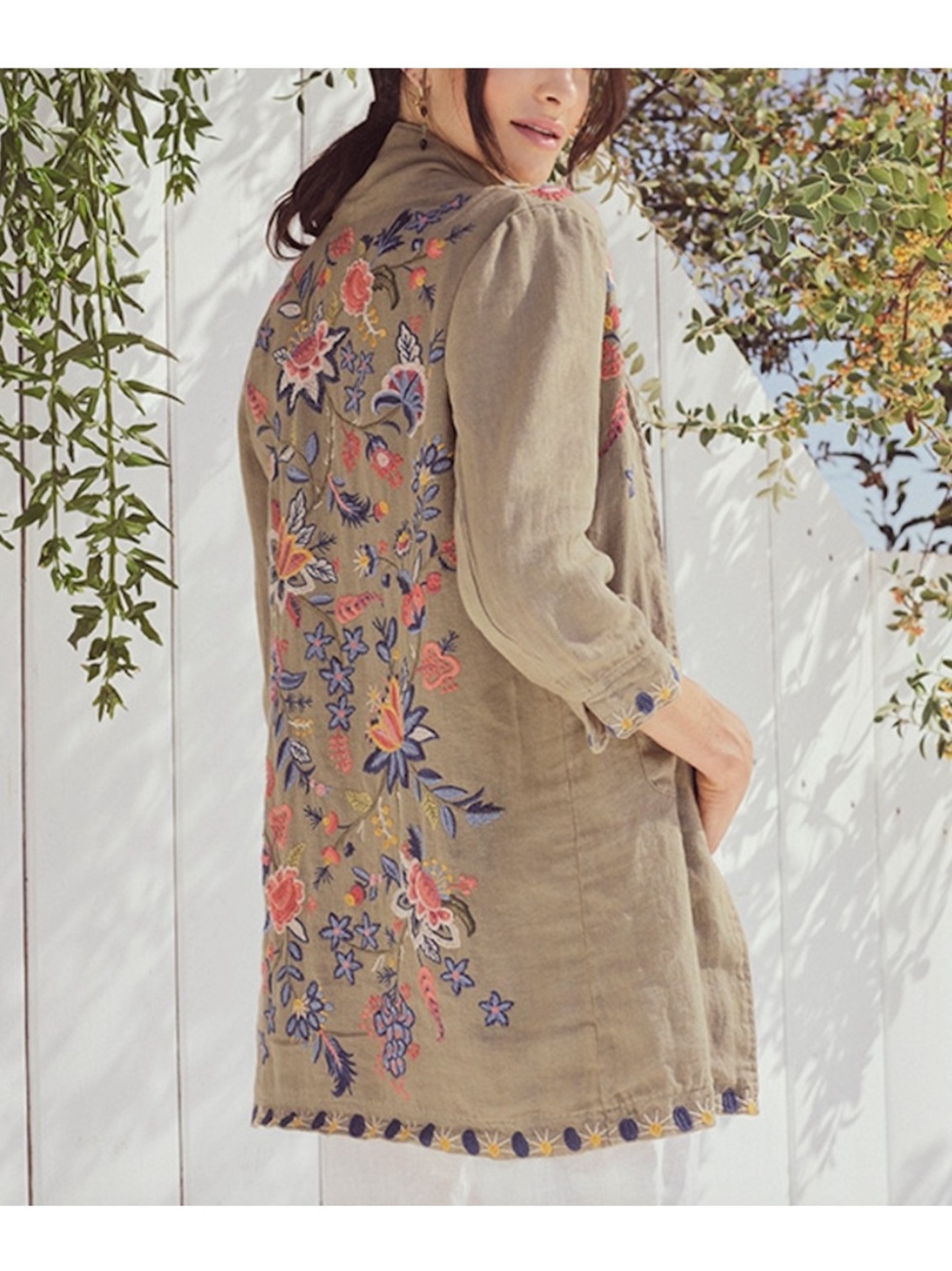 Johnny Was Tiwa Tan Linen Embroidered Open-front Jacket - Petite Large